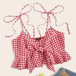NWOT SHEIN Tie Shoulder and Front Buffalo Plaid Ruffle Hem Top